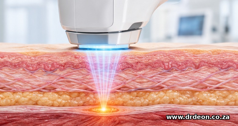 HIFU mechanism visualization: focused ultrasound energy beam penetrating skin layers to a thermal focal point at the SMAS depth for collagen stimulation