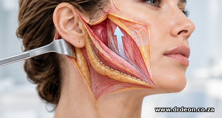 Facelift mechanism visualization: SMAS layer surgically lifted upward in a refined anatomical cross-section, showing the surgical plane and repositioned contour