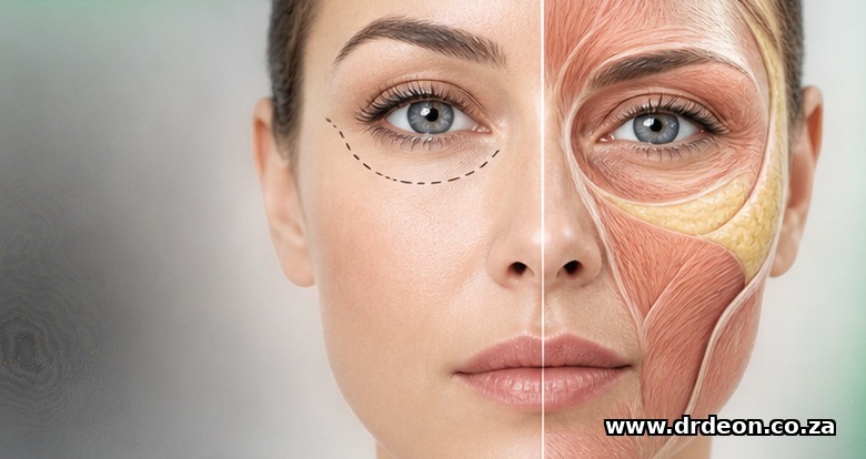 Clinical illustration: What blepharoplasty addresses, and what a facelift does not — visualised for The article is general information about a combined surgical option. Individual candidacy, recovery and outcome...