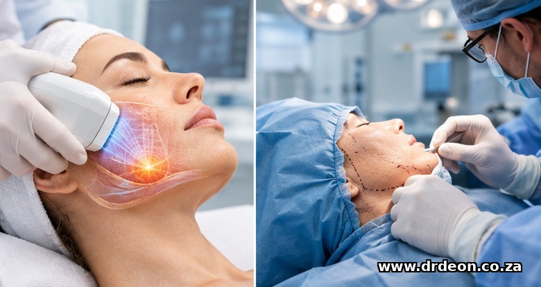 Abstract comparison of HIFU and surgical facelift — clinician handpiece with ultrasound visualization on one side, refined surgical environment on the other