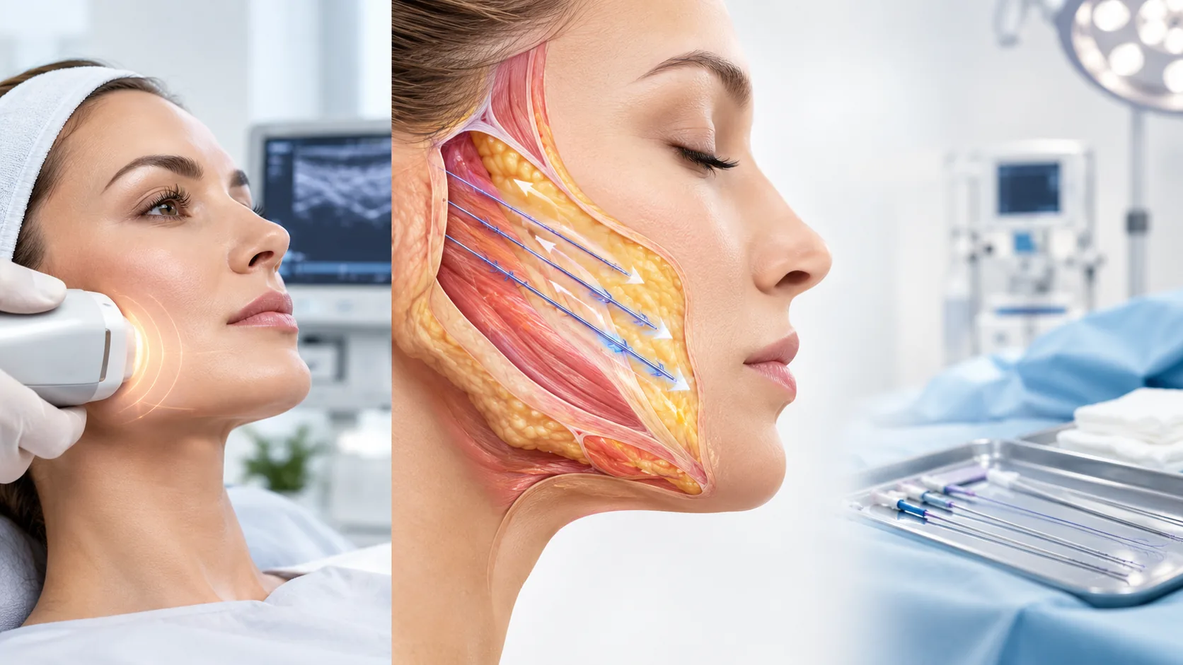 Editorial hero image for thread lift vs facelift — visualised clinical reference