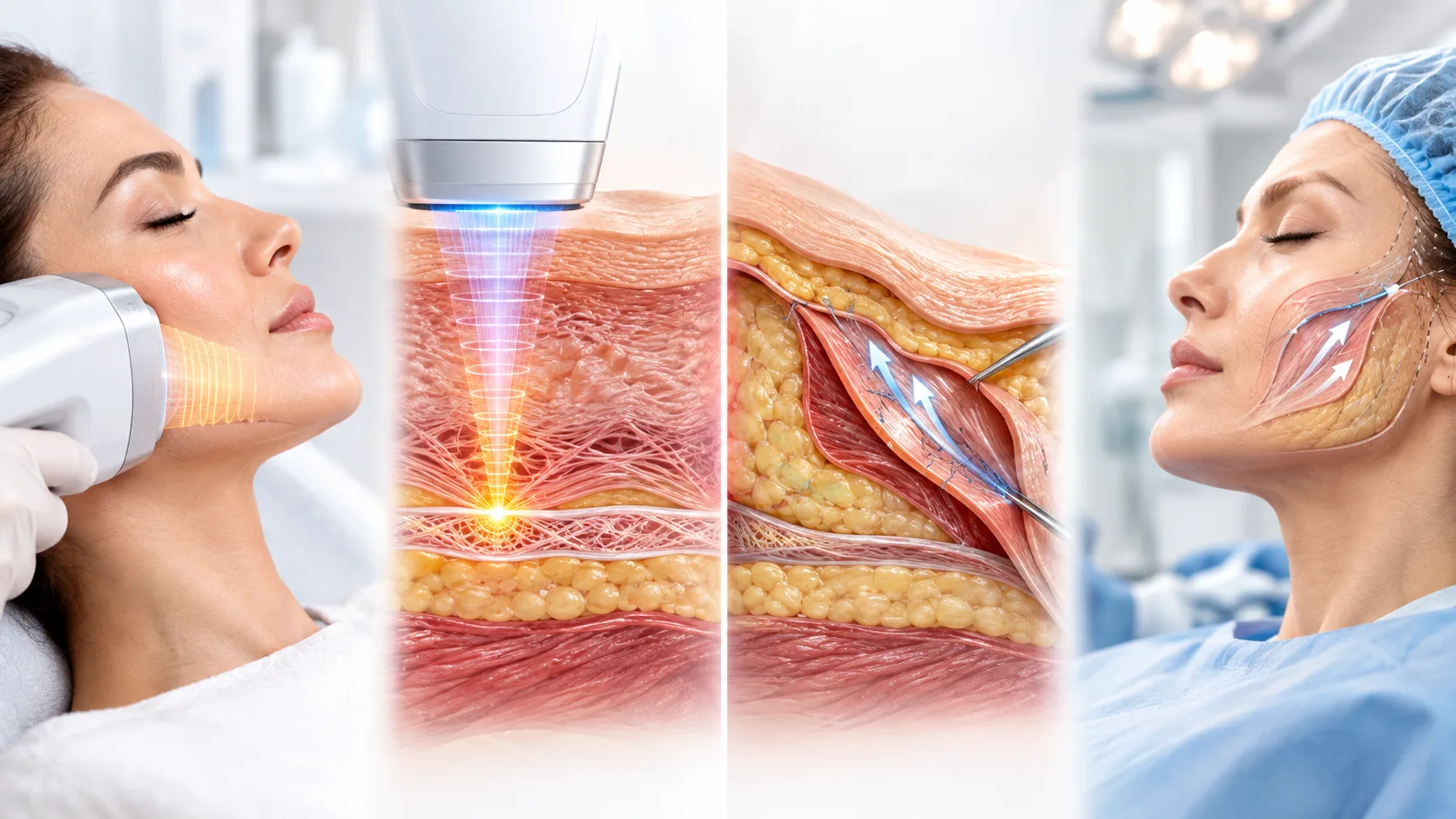 HIFU vs surgical facelift hero image: anatomical visualization of the SMAS layer with HIFU ultrasound energy focal point on one side and surgical SMAS repositioning on the other